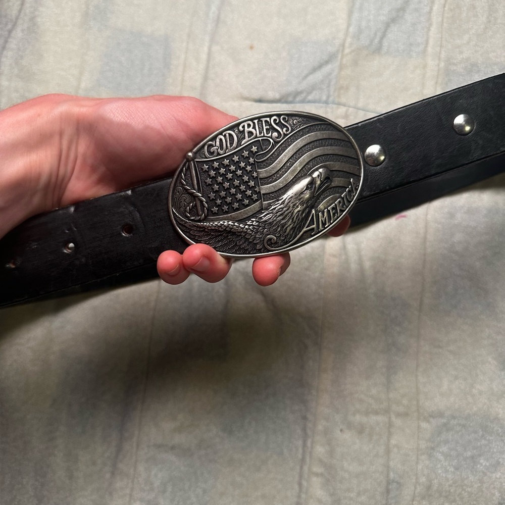 Amish-made black leather belt with silver buckle